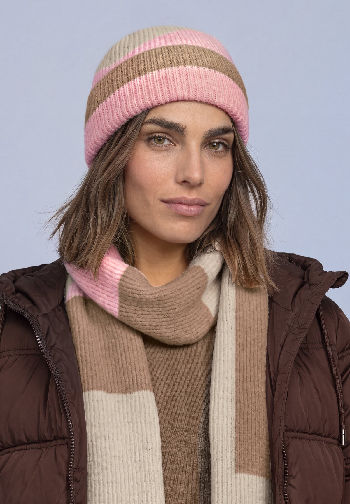 Street One Damen Beanie mit Colorblock-Muster - Rosé meliert warm blush mel.