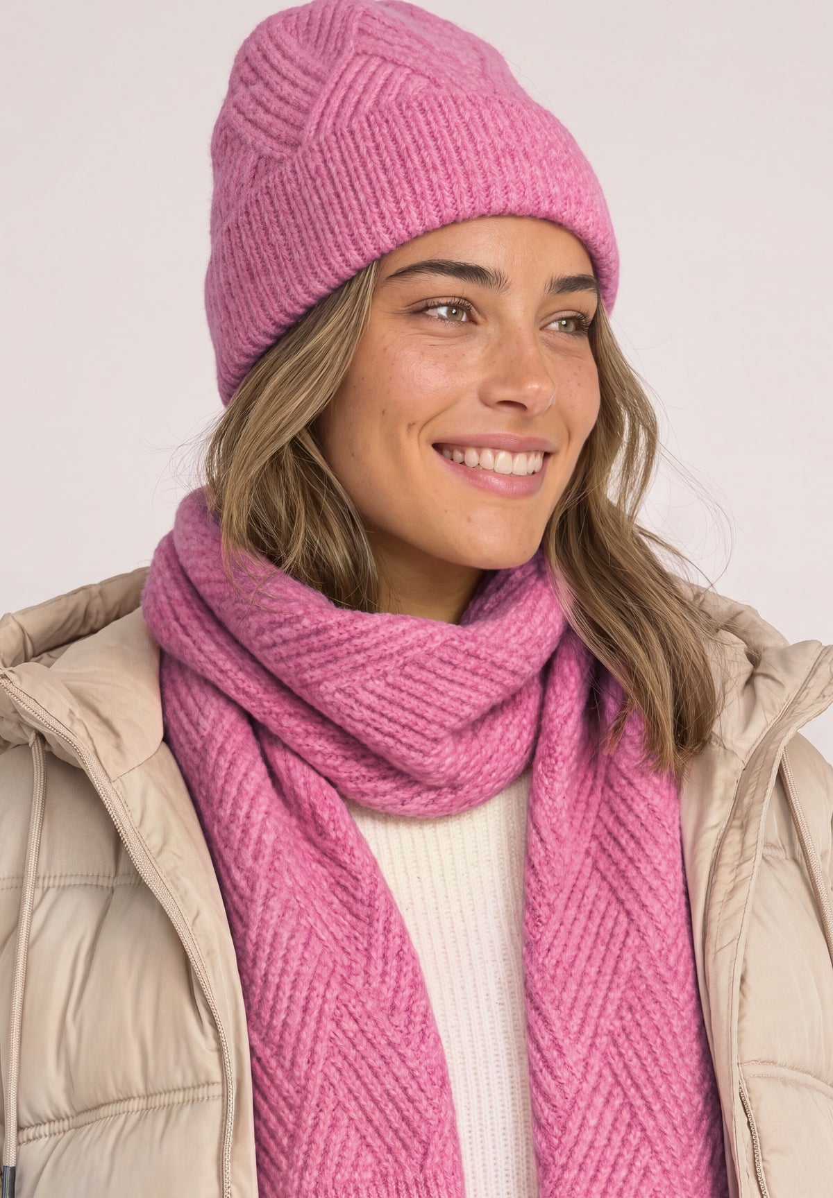 Street One Damen Beanie mit Strickmuster - Rosé meliert warm blush mel.