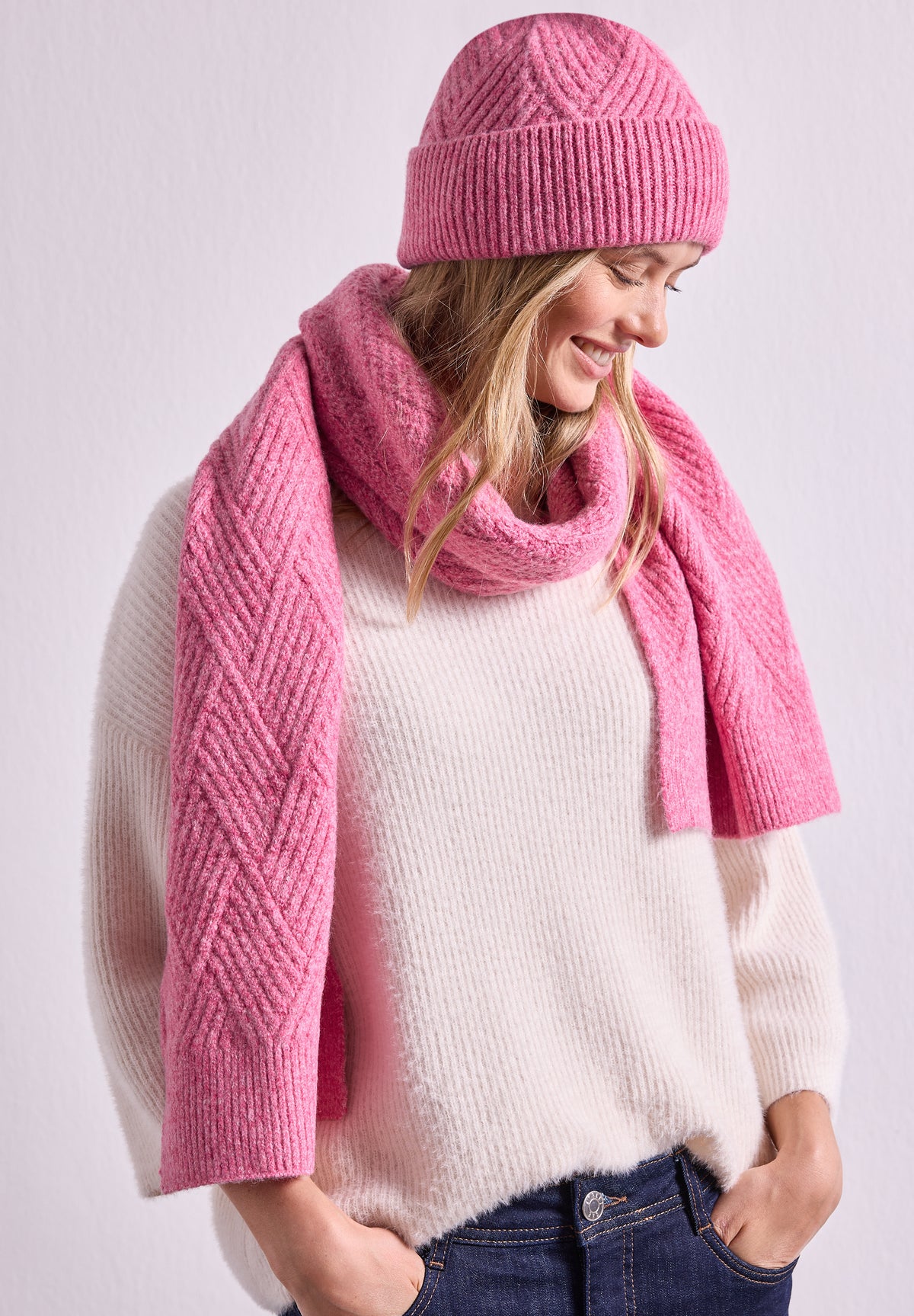Street One Damen Langer Schal mit Strickmuster - Rosé meliert warm blush mel.