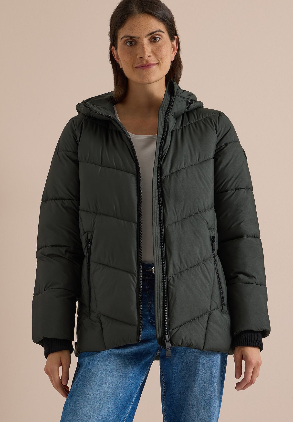 CECIL Damen Midi-Softshelljacke mit Kapuze - Olivgrün olive night