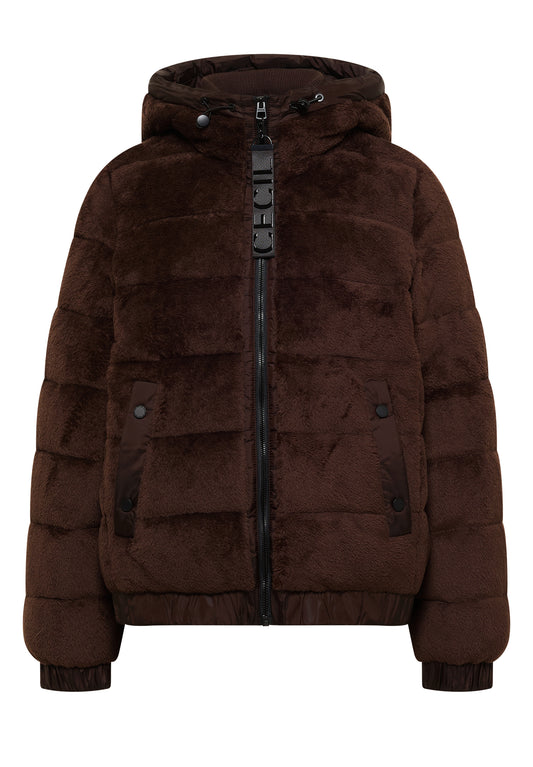 CECIL Damen Gefütterte Fake-Fur-Jacke mit Kapuze - Schokoladenbraun chocolate sauce brown
