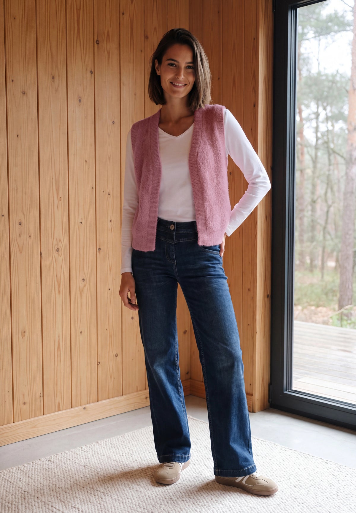 CECIL Damen Offene Federgarn-Weste - Rosé velvet rose
