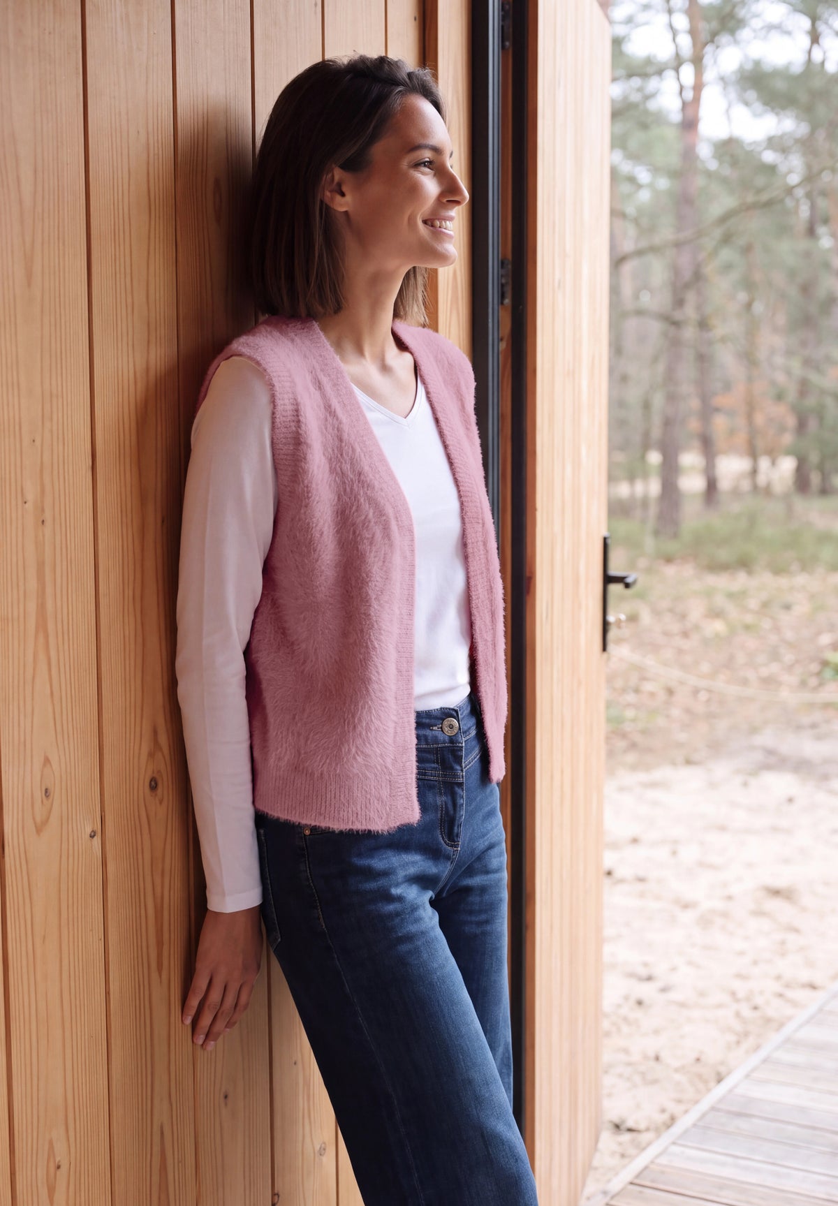 CECIL Damen Offene Federgarn-Weste - Rosé velvet rose