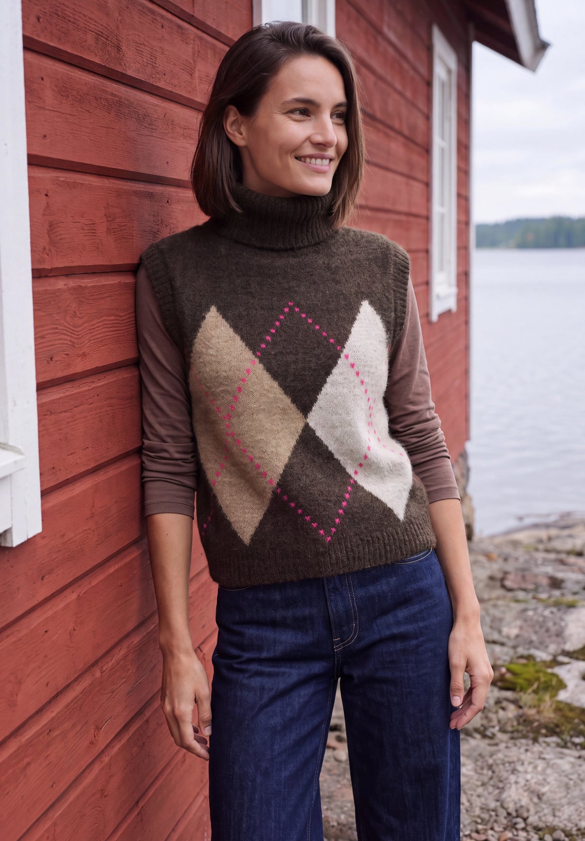 CECIL Damen Pullunder mit Kragen und Argyle-Muster - Trüffelbraun truffle brown