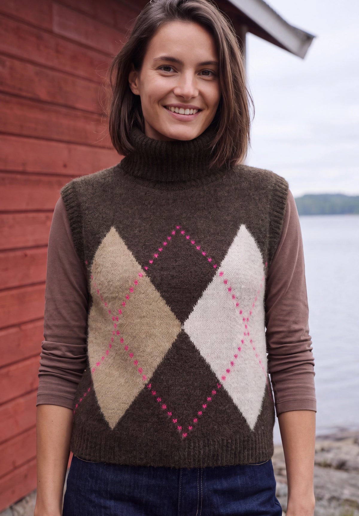 CECIL Damen Pullunder mit Kragen und Argyle-Muster - Trüffelbraun truffle brown