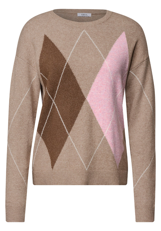 CECIL Damen Argyle-Pullover mit Rundhals - Mokka meliert creamy mocha melange