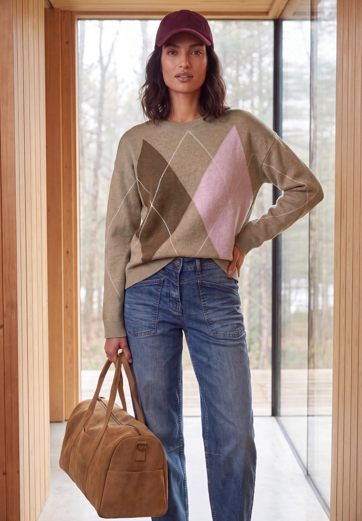 CECIL Damen Argyle-Pullover mit Rundhals - Mokka meliert creamy mocha melange