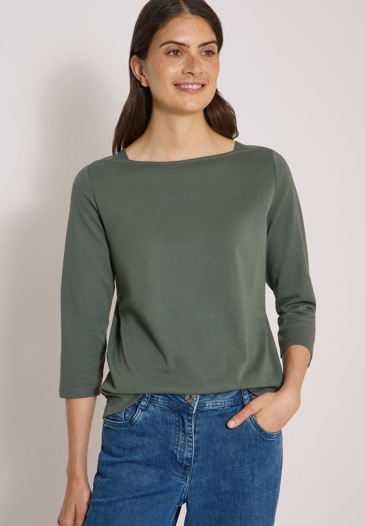CECIL Damen Basic Shirt mit U-Boot-Ausschnitt - Olivgrün dried olive green
