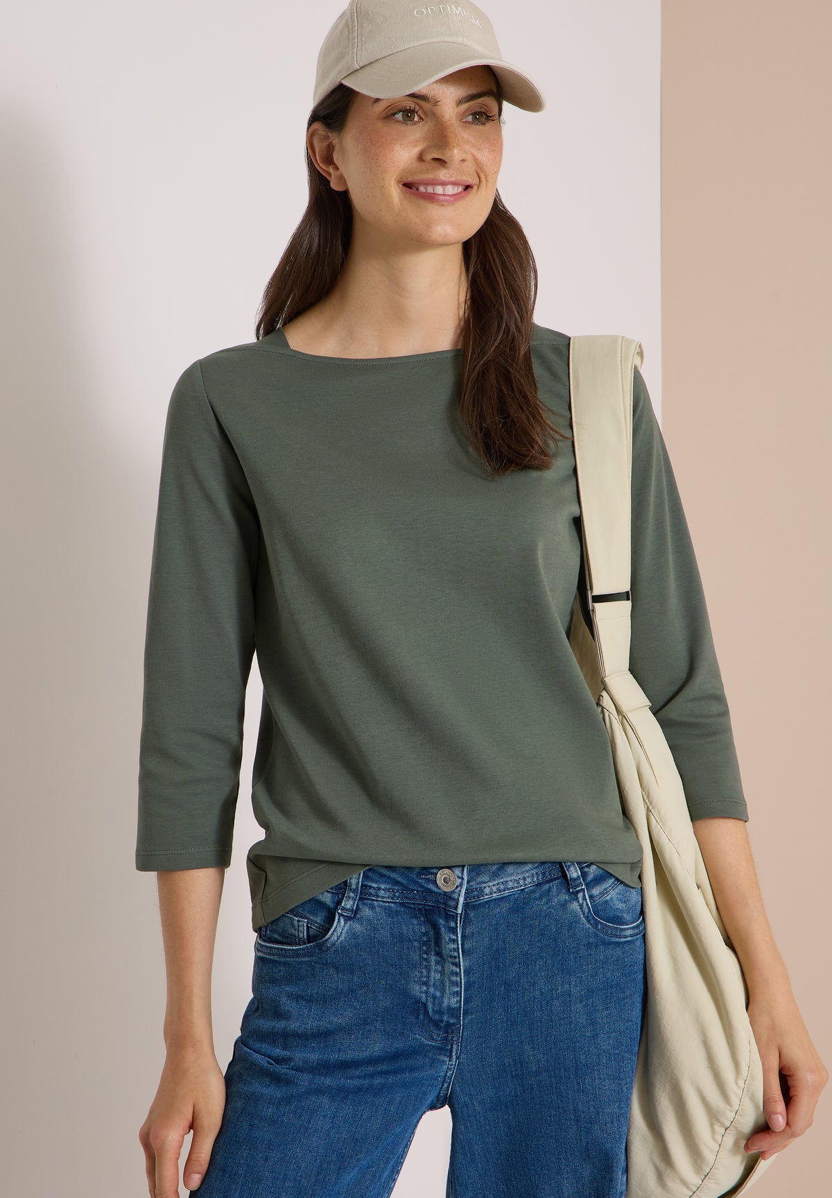 CECIL Damen Basic Shirt mit U-Boot-Ausschnitt - Olivgrün dried olive green