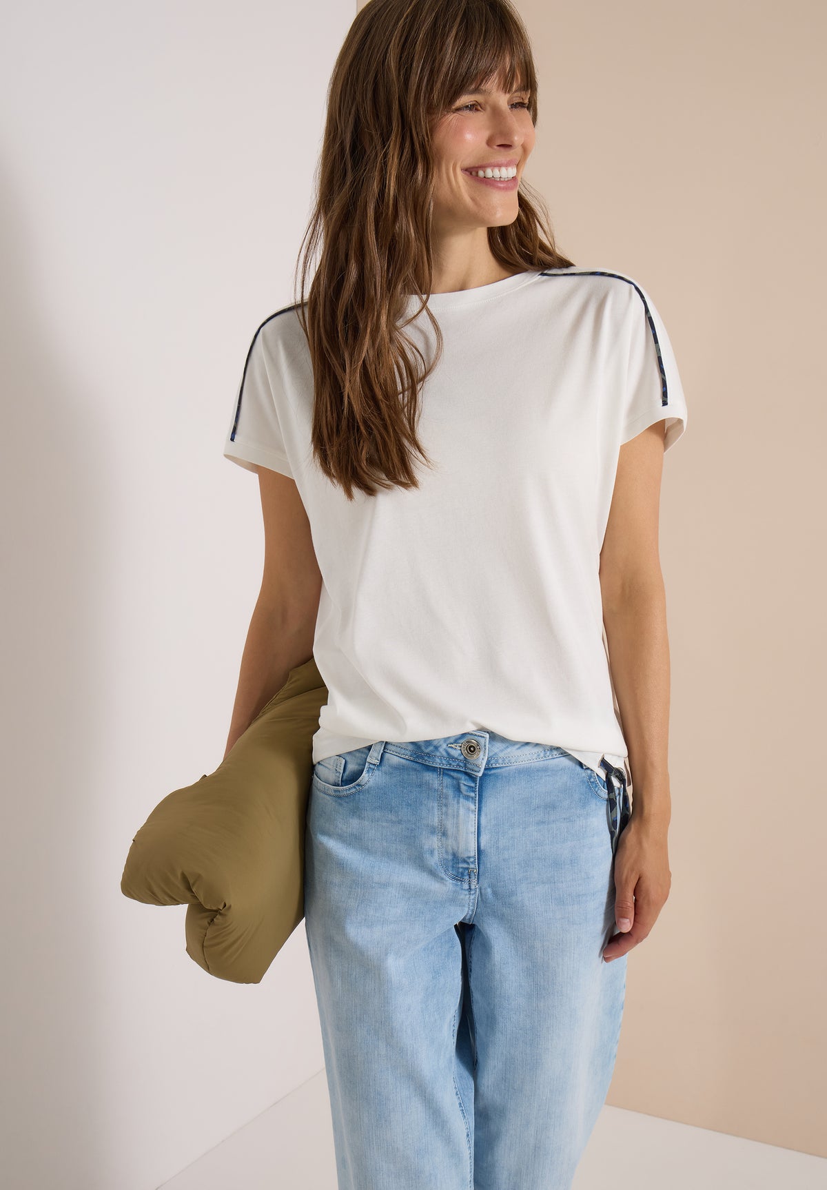 CECIL Damen T-Shirt mit U-Boot-Ausschnitt und Leo-Piping - Wollweiß wollweiß