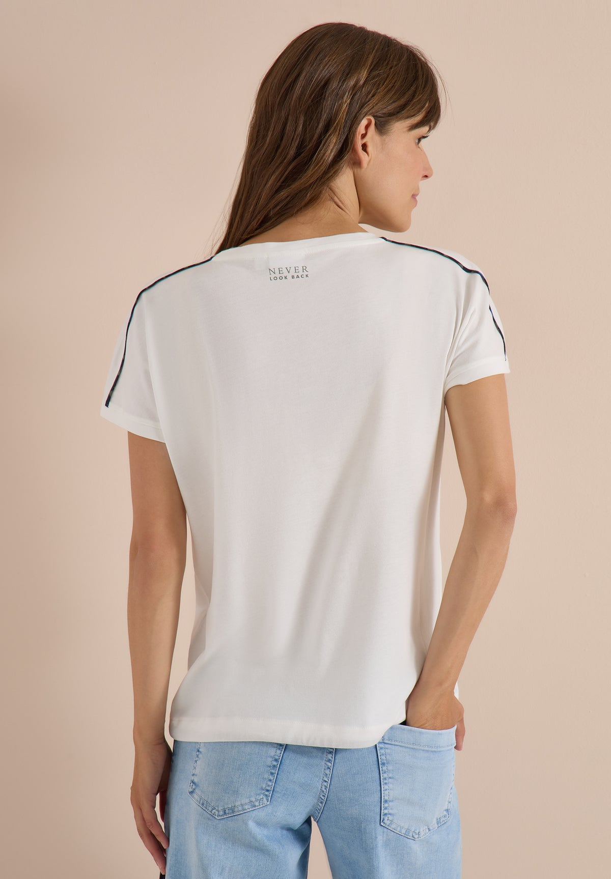 CECIL Damen T-Shirt mit U-Boot-Ausschnitt und Leo-Piping - Wollweiß wollweiß