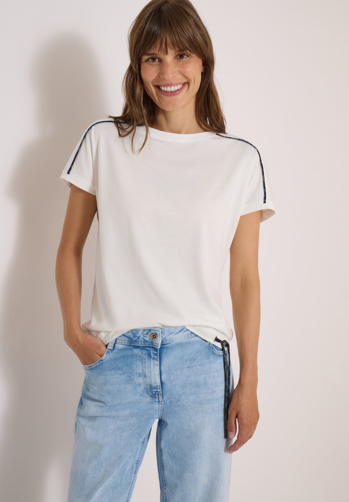 CECIL Damen T-Shirt mit U-Boot-Ausschnitt und Leo-Piping - Wollweiß wollweiß