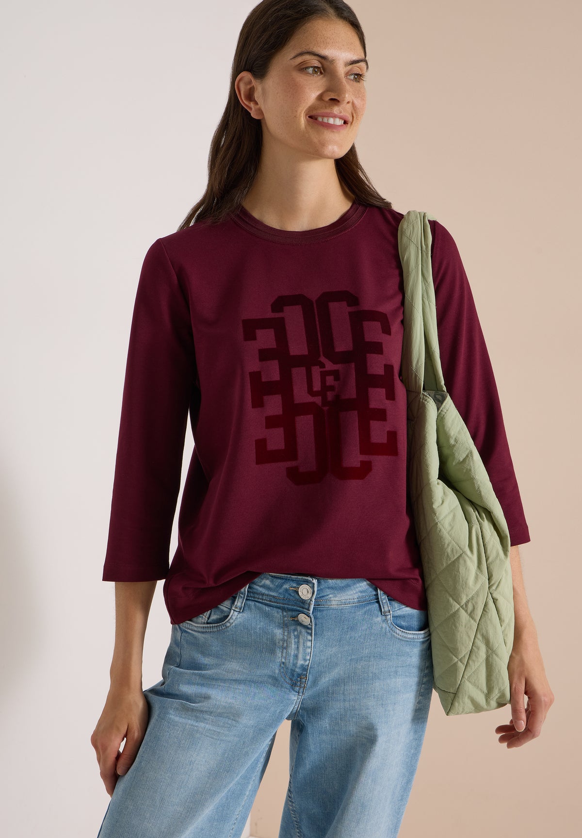 CECIL Damen 3/4-Arm Shirt mit Wording - Weinrot red wine