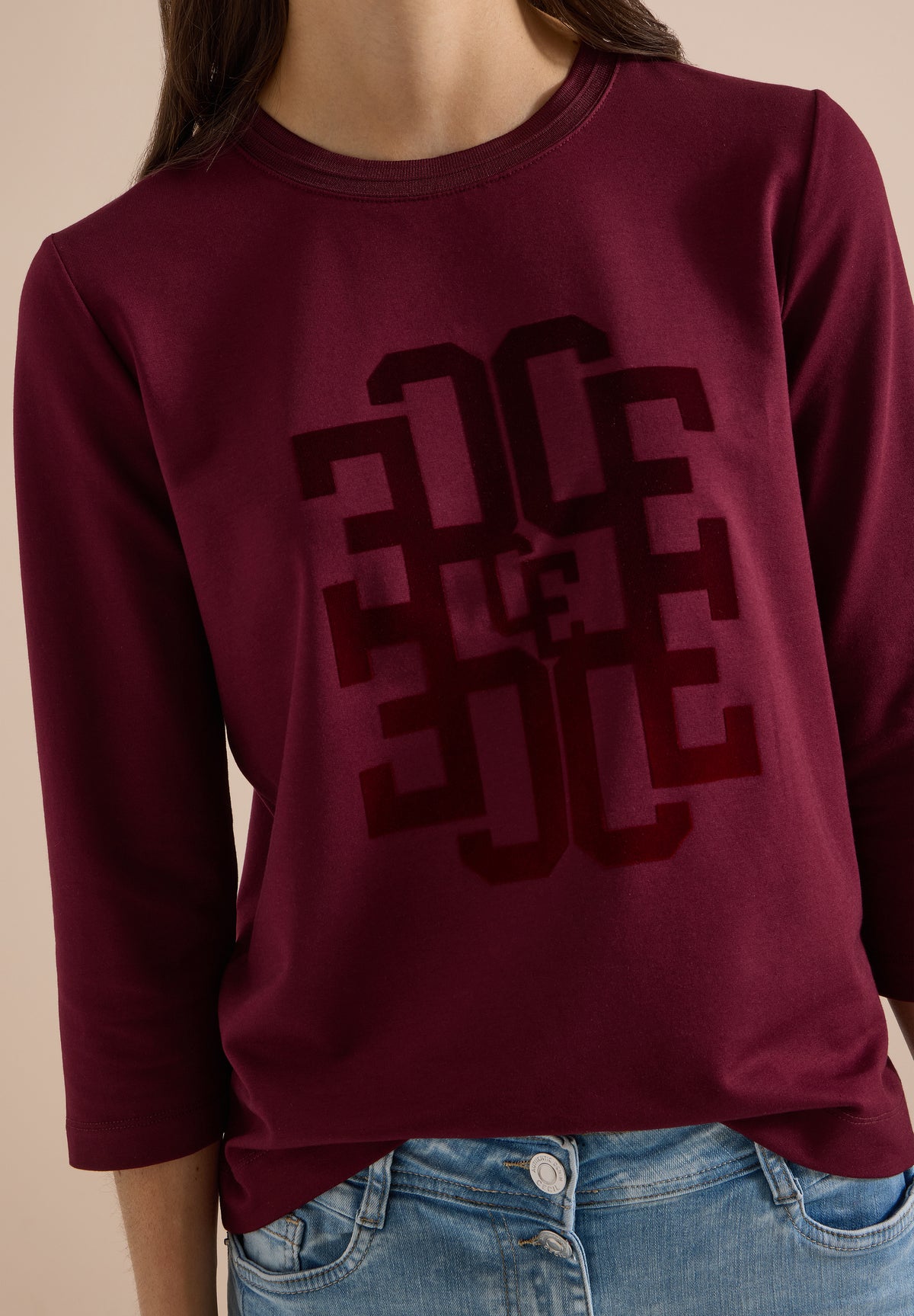 CECIL Damen 3/4-Arm Shirt mit Wording - Weinrot red wine