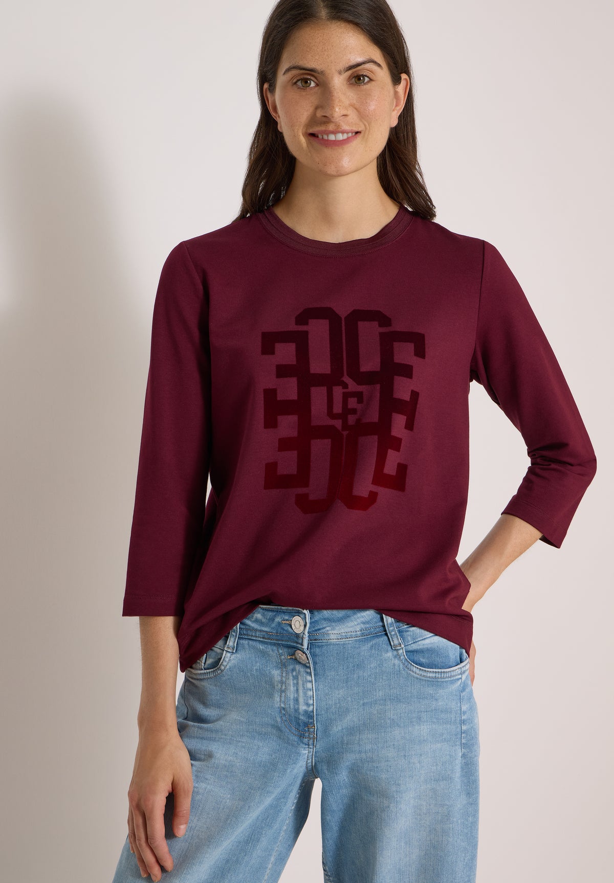 CECIL Damen 3/4-Arm Shirt mit Wording - Weinrot red wine