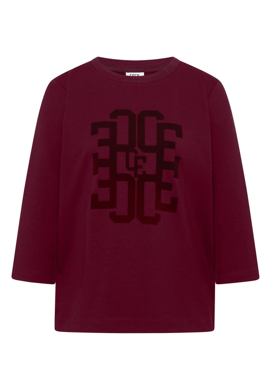 CECIL Damen 3/4-Arm Shirt mit Wording - Weinrot red wine