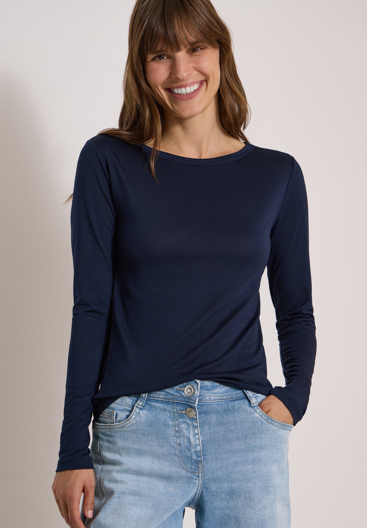 CECIL Damen Lyocell-Langarmshirt mit U-Boot-Ausschnitt - Dunkelblau urban dark blue