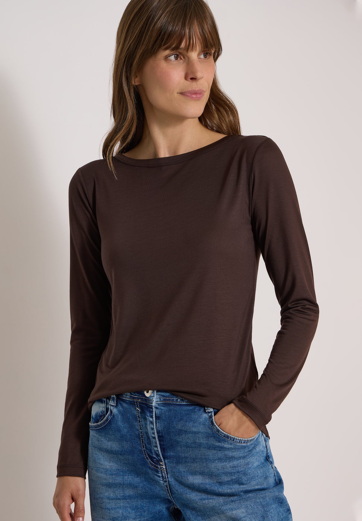 CECIL Damen Lyocell-Langarmshirt mit U-Boot-Ausschnitt - Trüffelbraun truffle brown