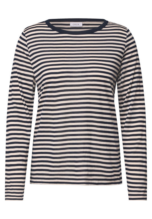 CECIL Damen Langarmshirt mit U-Boot-Ausschnitt und Streifen - Dunkelblau urban dark blue