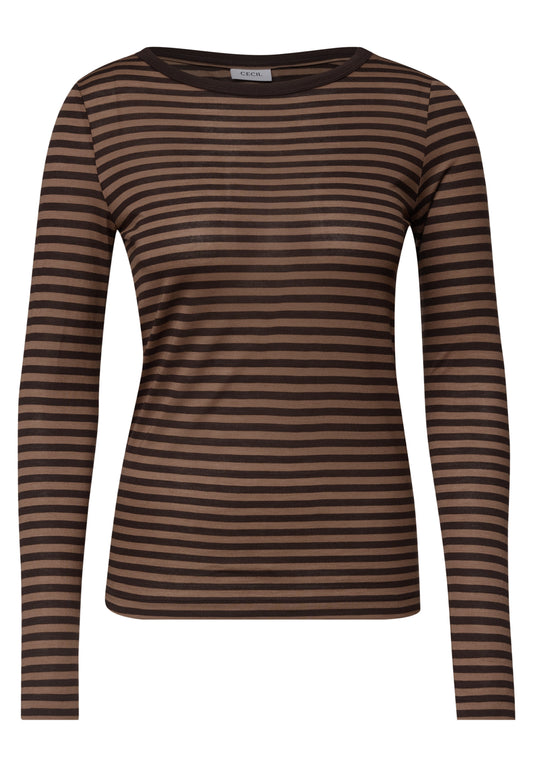 CECIL Damen Streifen-Langarmshirt mit U-Boot-Ausschnitt - Trüffelbraun truffle brown