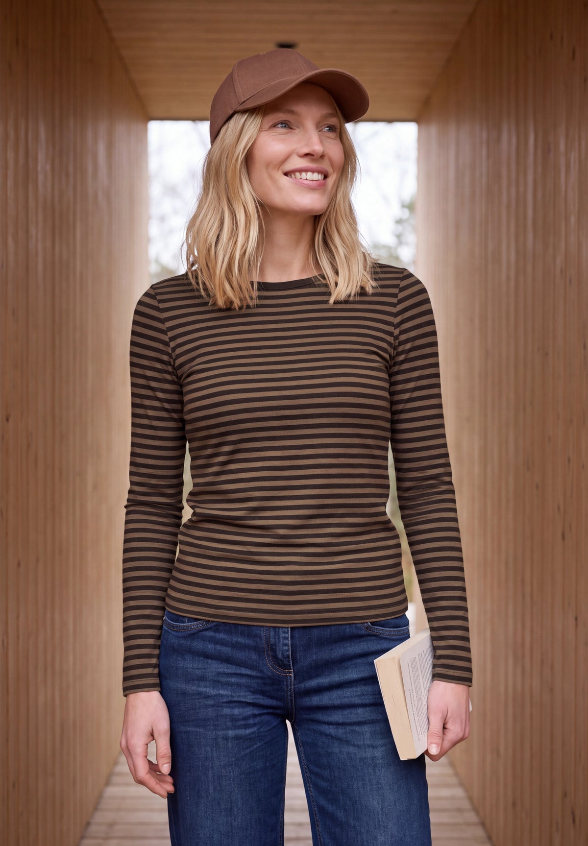 CECIL Damen Streifen-Langarmshirt mit U-Boot-Ausschnitt - Trüffelbraun truffle brown