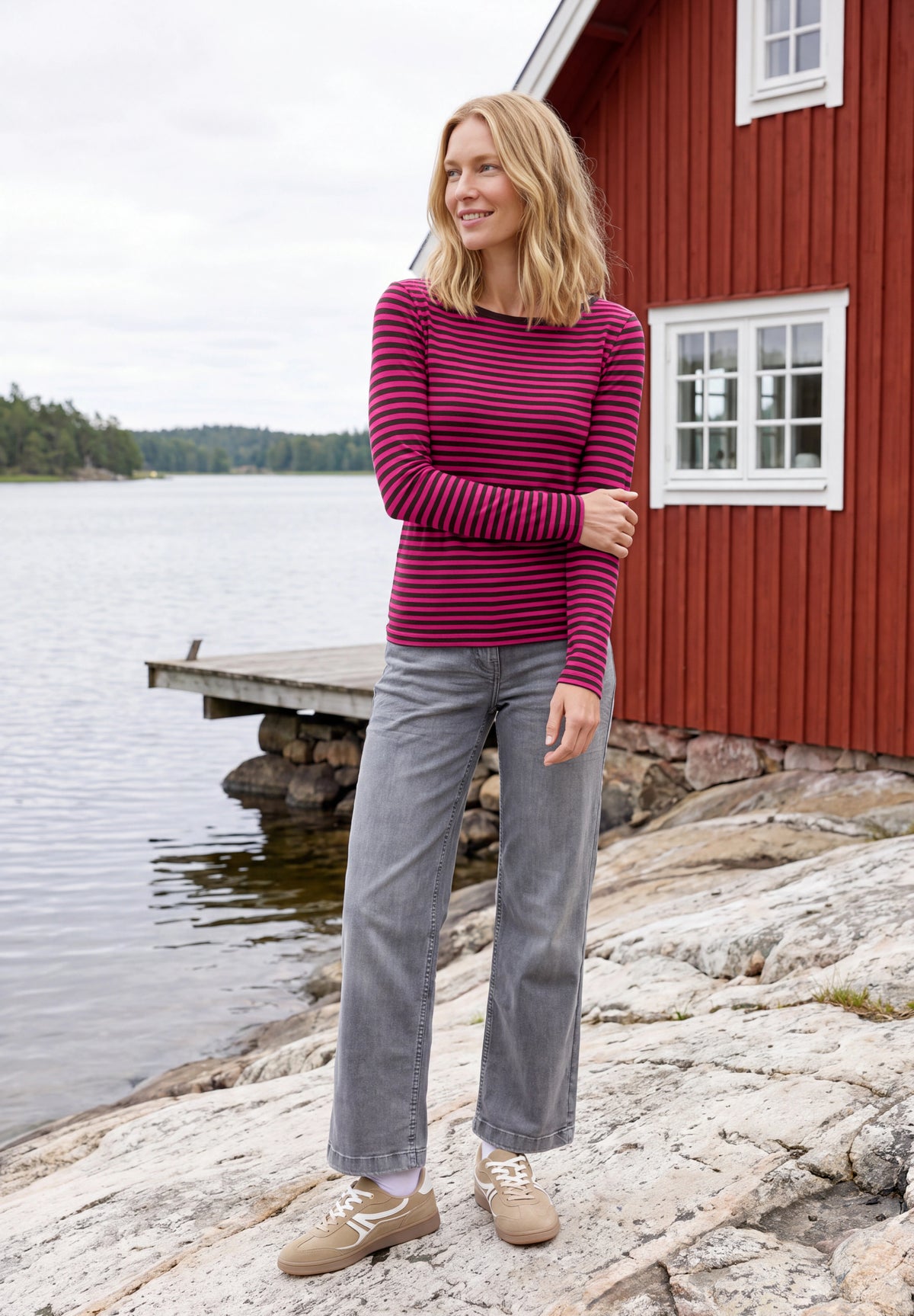 CECIL Damen Streifen-Langarmshirt mit U-Boot-Ausschnitt - Pink pink flash