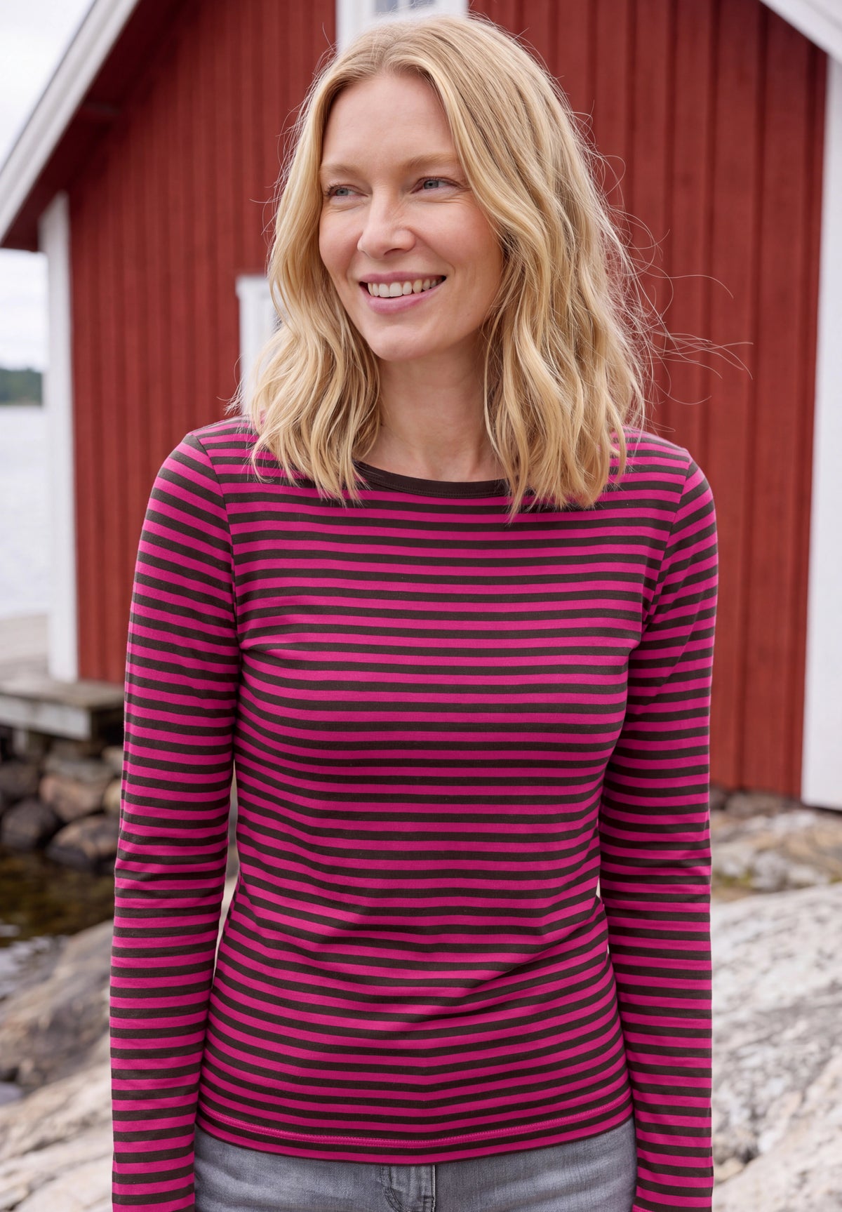 CECIL Damen Streifen-Langarmshirt mit U-Boot-Ausschnitt - Pink pink flash