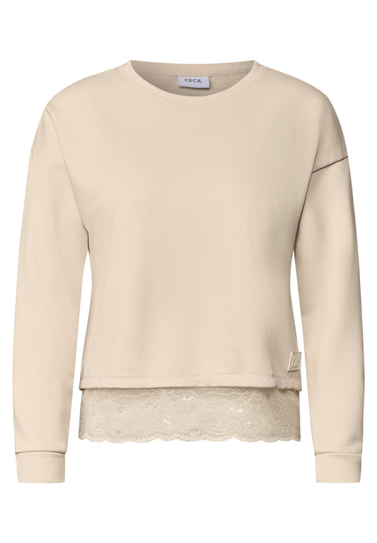 CECIL Damen Langarmshirt mit Spitzenkante - Perlbeige pearl beige