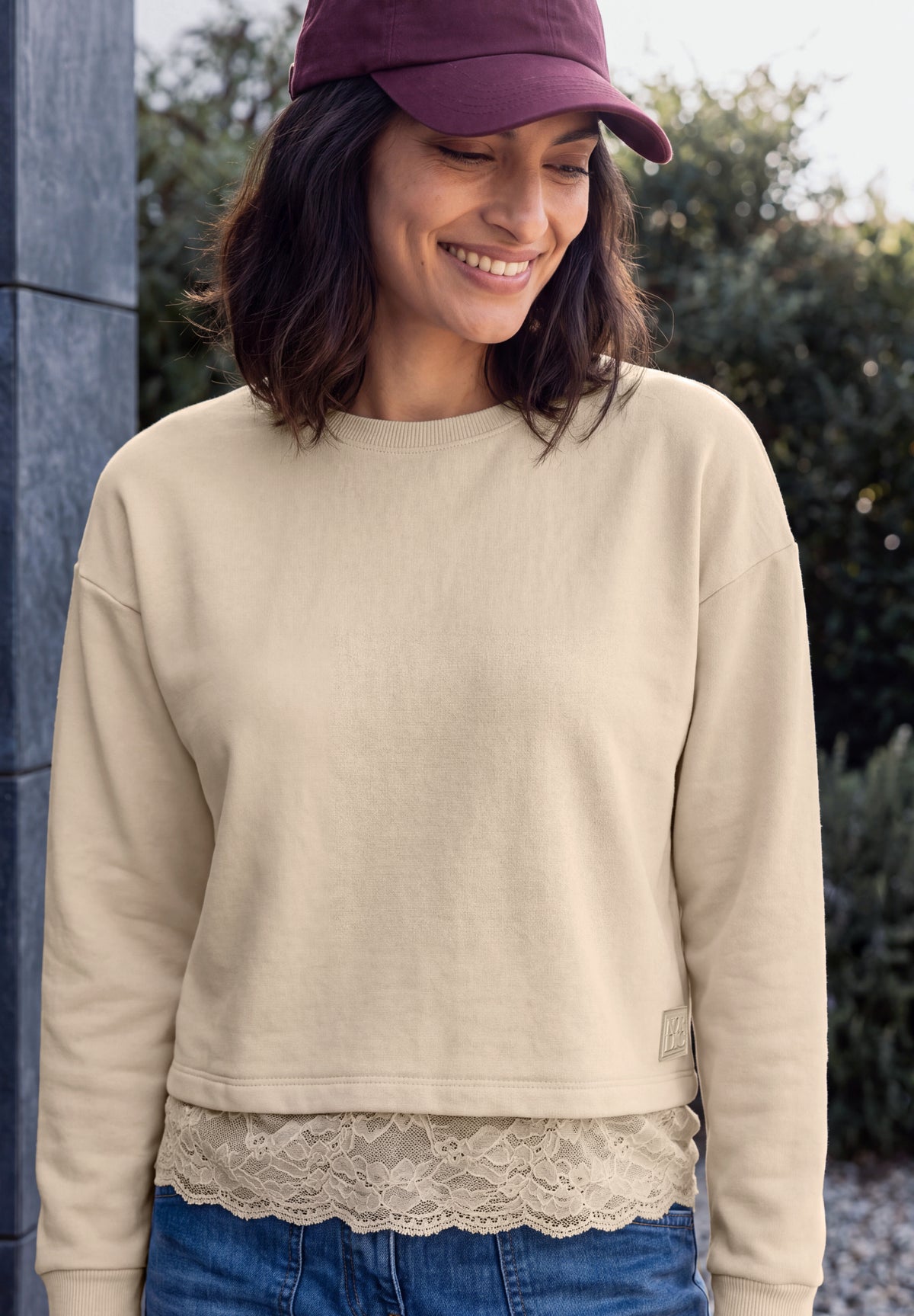 CECIL Damen Langarmshirt mit Spitzenkante - Perlbeige pearl beige
