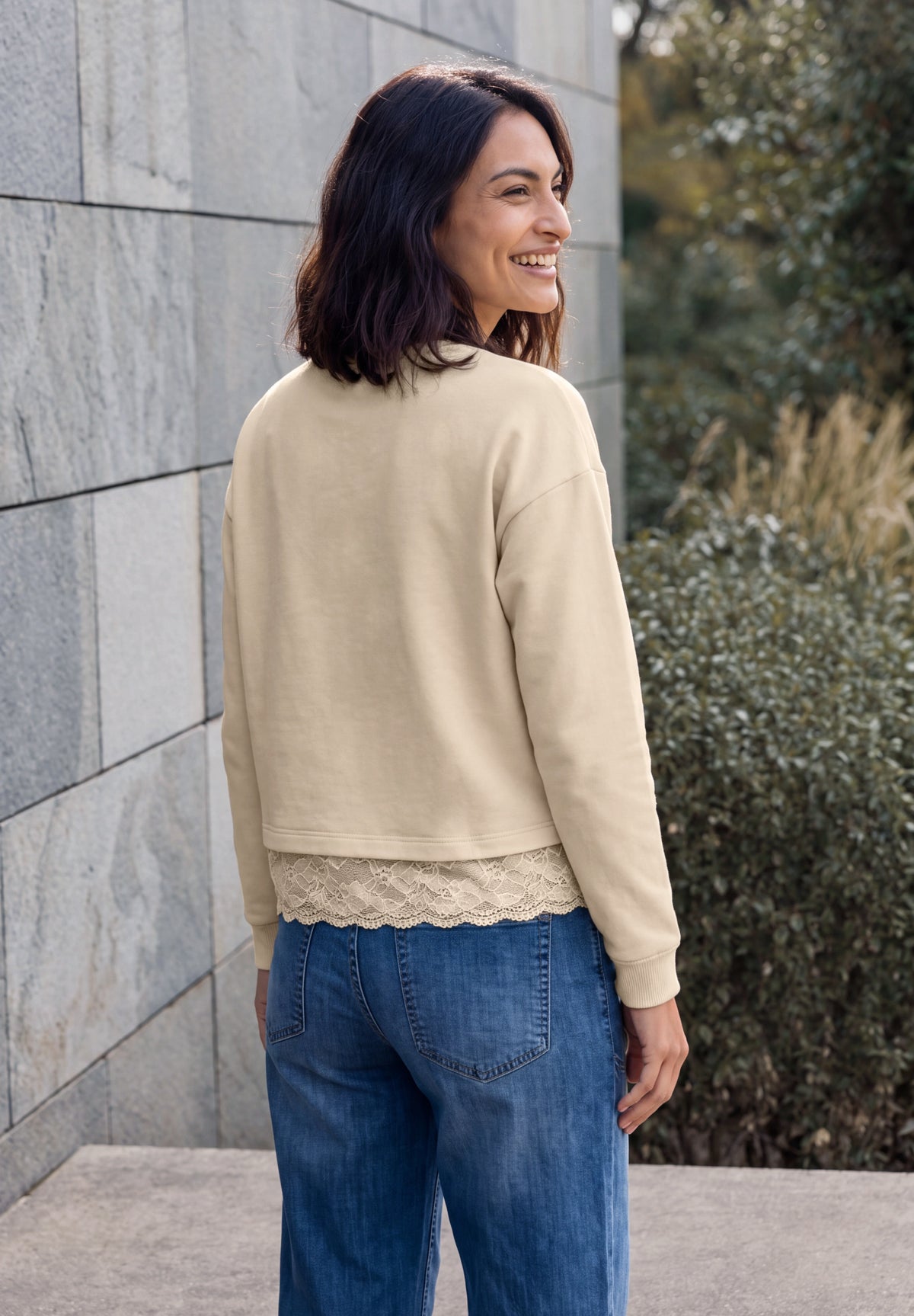 CECIL Damen Langarmshirt mit Spitzenkante - Perlbeige pearl beige