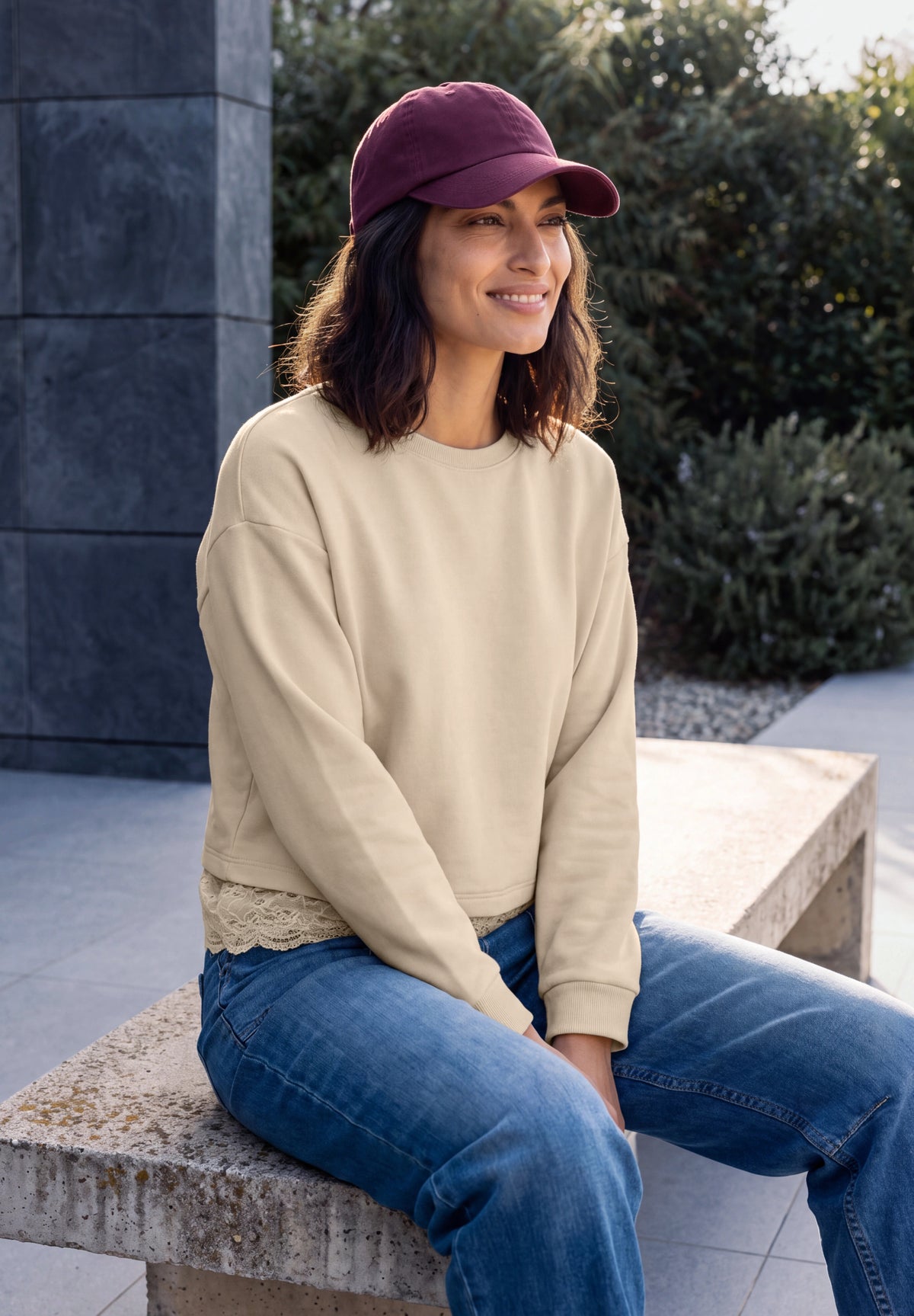 CECIL Damen Langarmshirt mit Spitzenkante - Perlbeige pearl beige