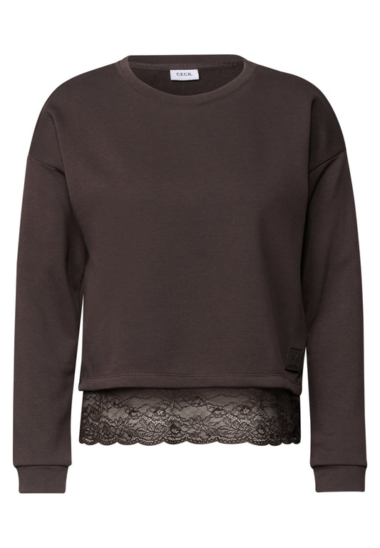 CECIL Damen Langarmshirt mit Spitzenkante - Trüffelbraun truffle brown