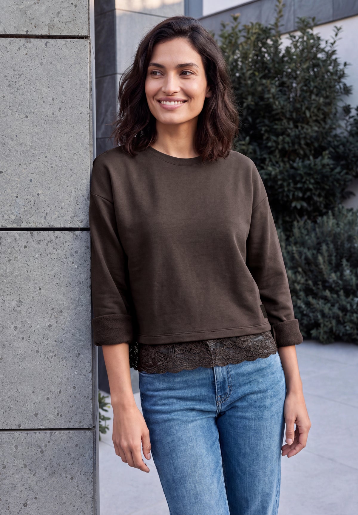 CECIL Damen Langarmshirt mit Spitzenkante - Trüffelbraun truffle brown