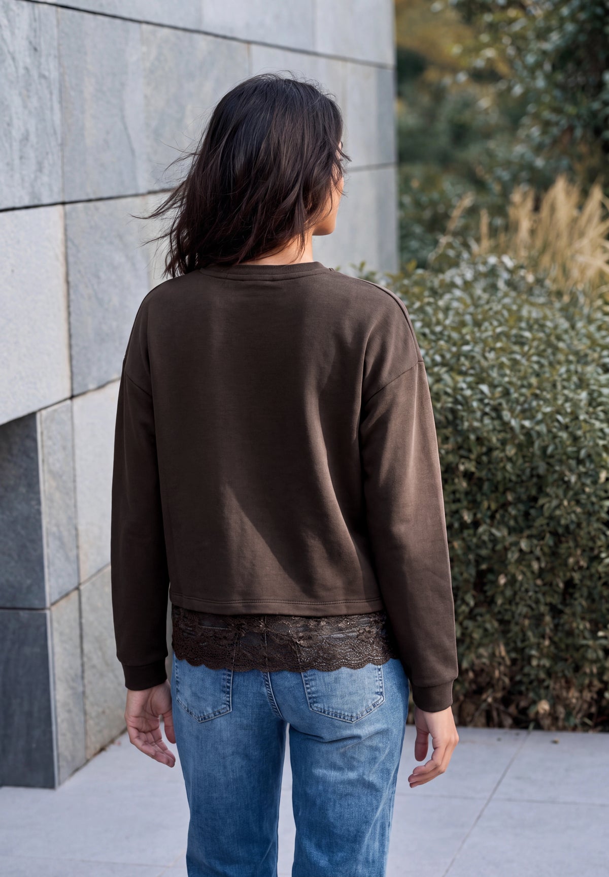CECIL Damen Langarmshirt mit Spitzenkante - Trüffelbraun truffle brown