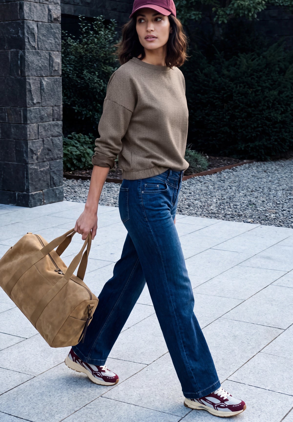 CECIL Damen Langarmshirt mit Fischgrätmuster - Trüffelbraun truffle brown