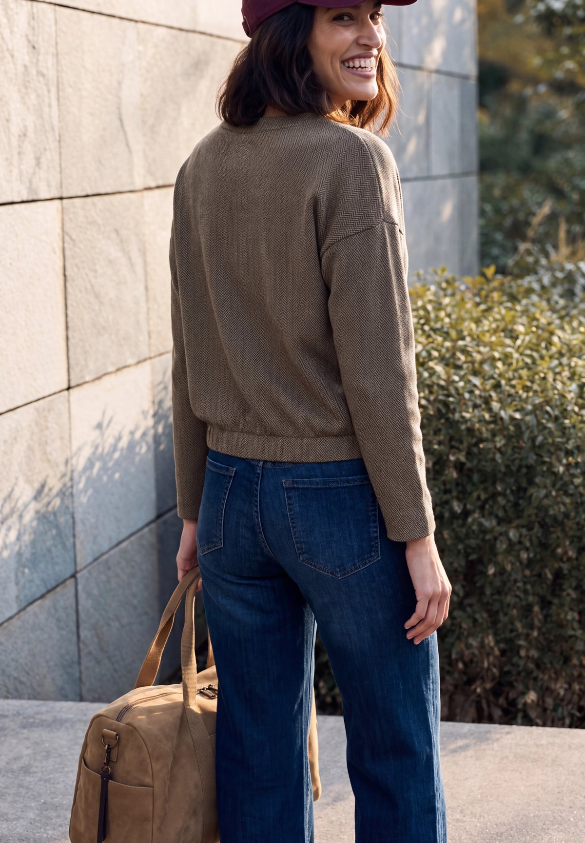 CECIL Damen Langarmshirt mit Fischgrätmuster - Trüffelbraun truffle brown