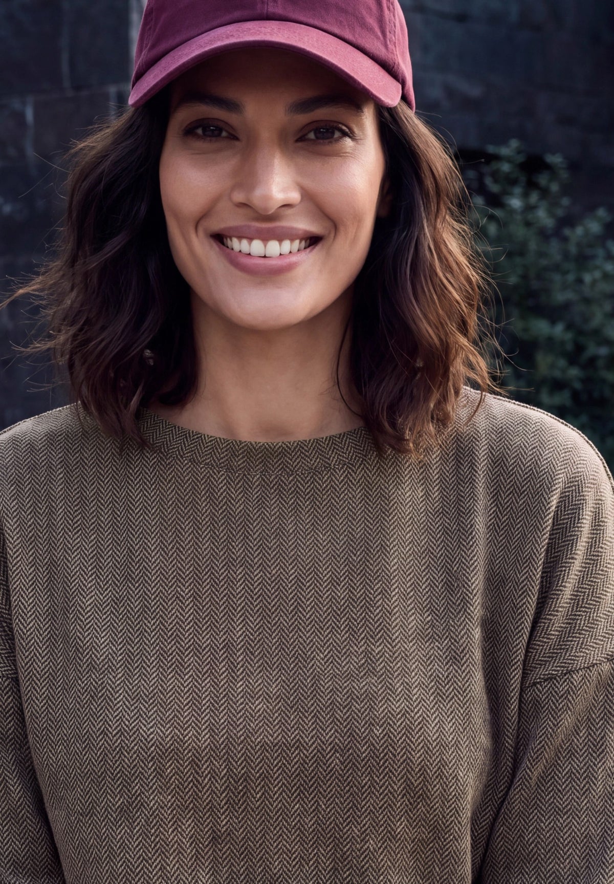 CECIL Damen Langarmshirt mit Fischgrätmuster - Trüffelbraun truffle brown