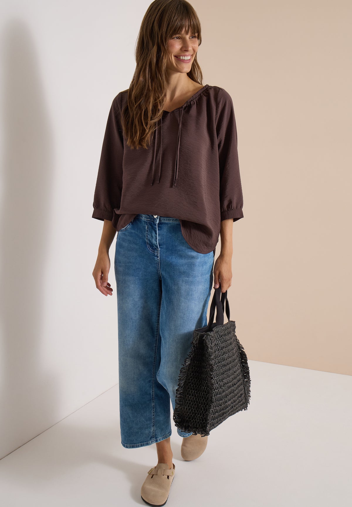 CECIL Damen Carmen-Bluse mit Halbarm und Bändern - Kakaobraun brown cacao