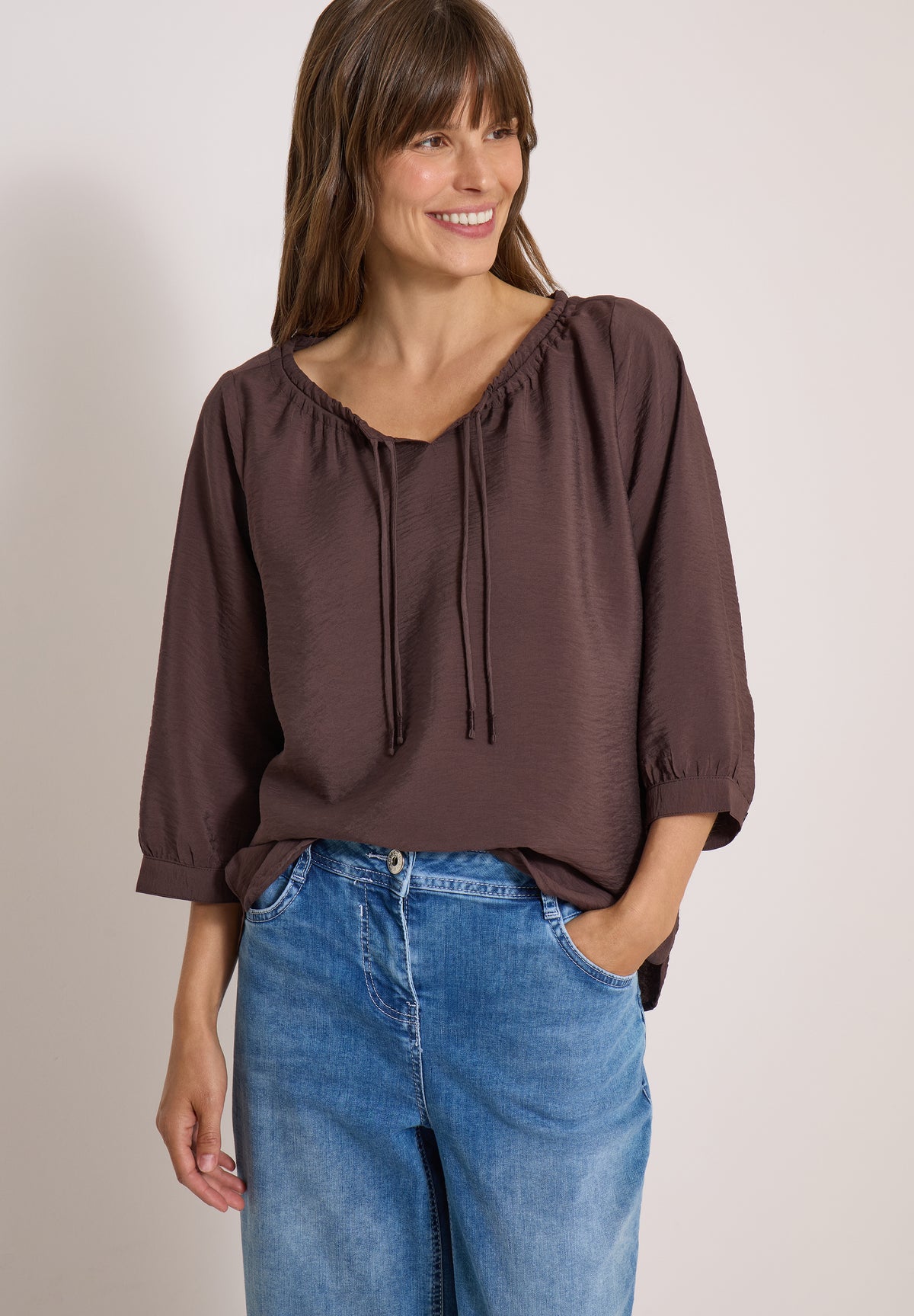 CECIL Damen Carmen-Bluse mit Halbarm und Bändern - Kakaobraun brown cacao