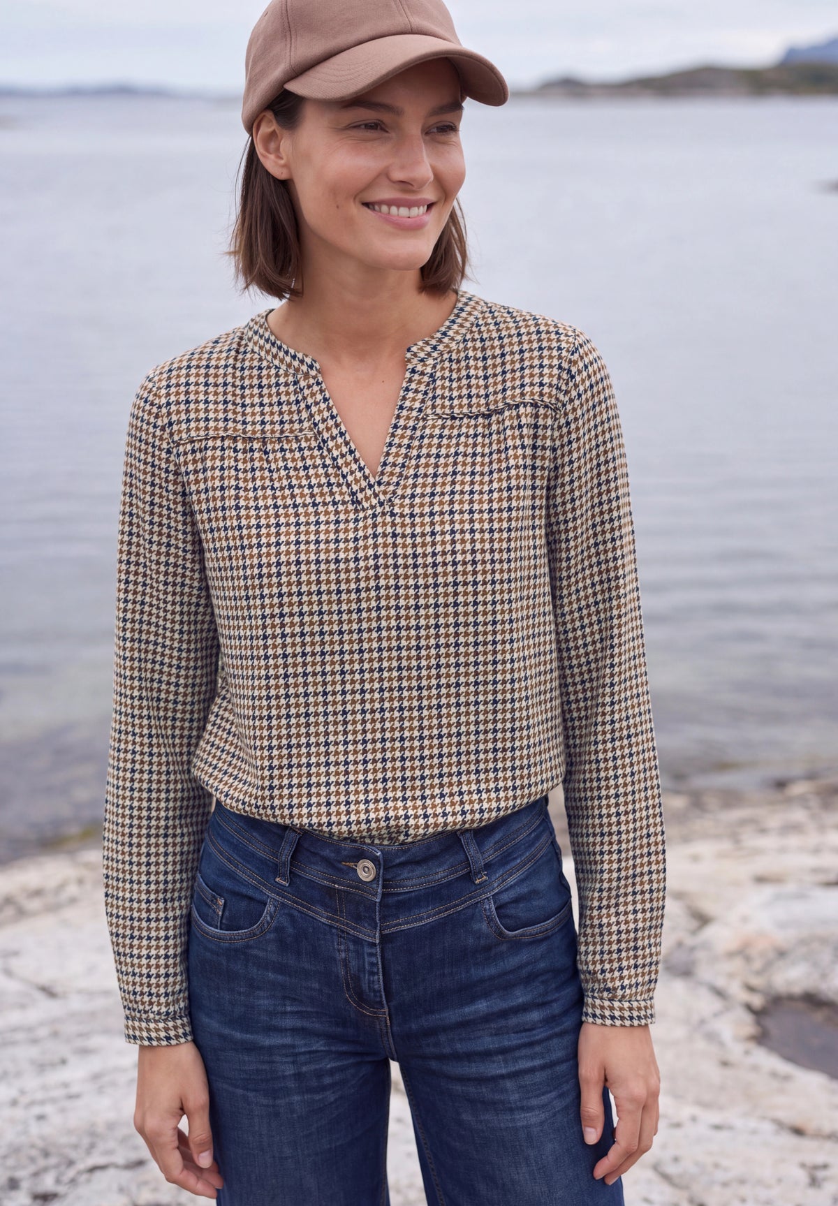 CECIL Damen Langarm-Tunika mit Split Neck und Print - Mokkabraun mocha brown