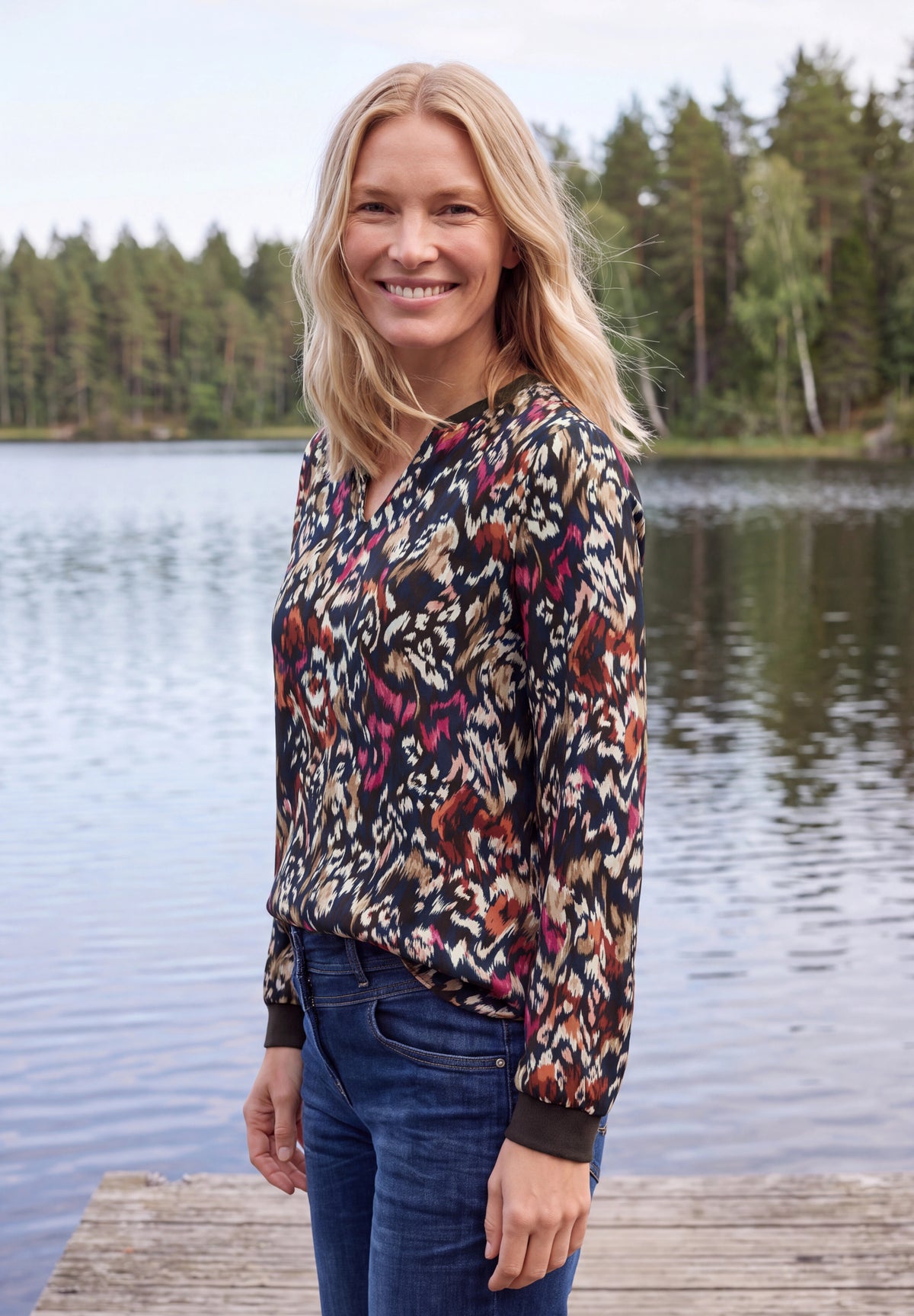 CECIL Damen Langarmbluse mit Split Neck und Print - Trüffelbraun truffle brown