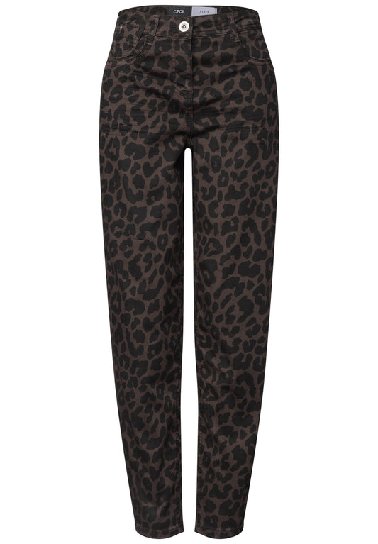 CECIL Damen High Waist Barrel Leg Jeans mit Leo-Muster - Trüffelbraun truffle brown
