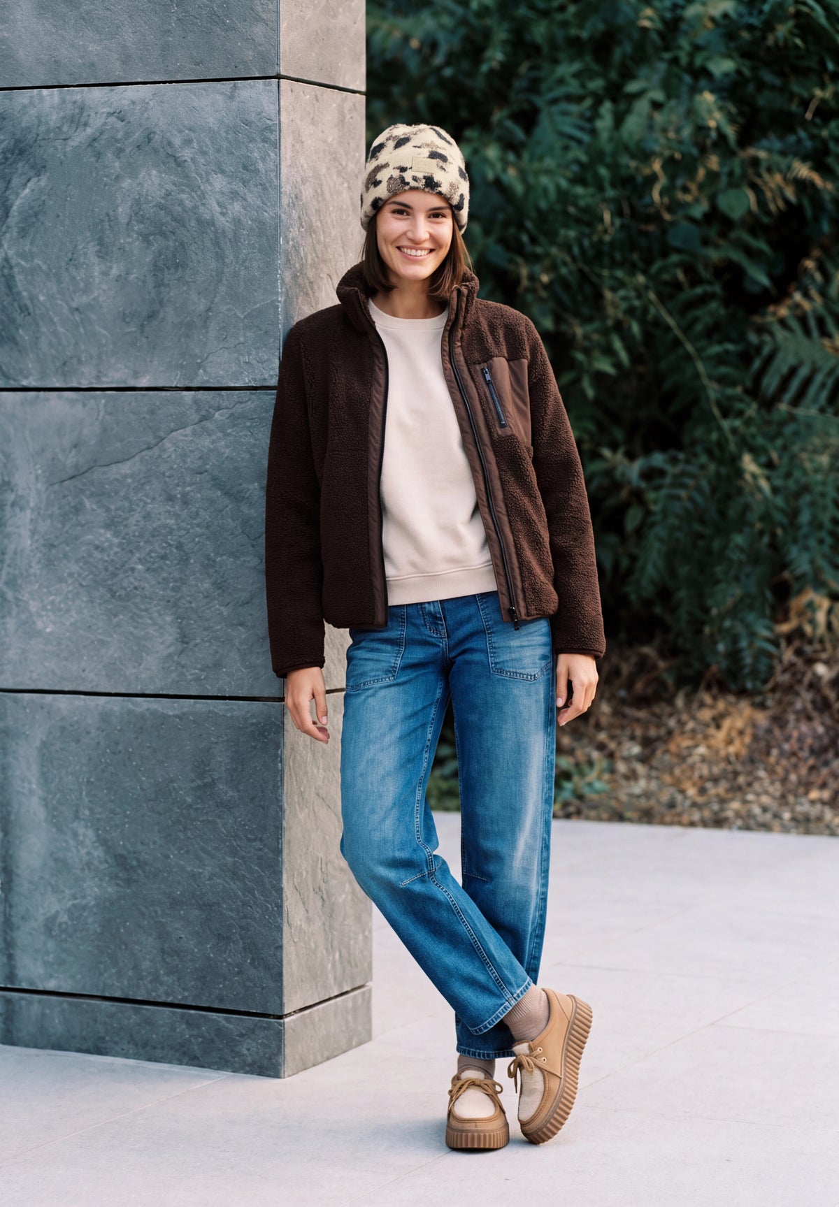 CECIL Damen Fake-Fur-Beanie mit Kuhmuster - Perlbeige meliert pearl beige melange