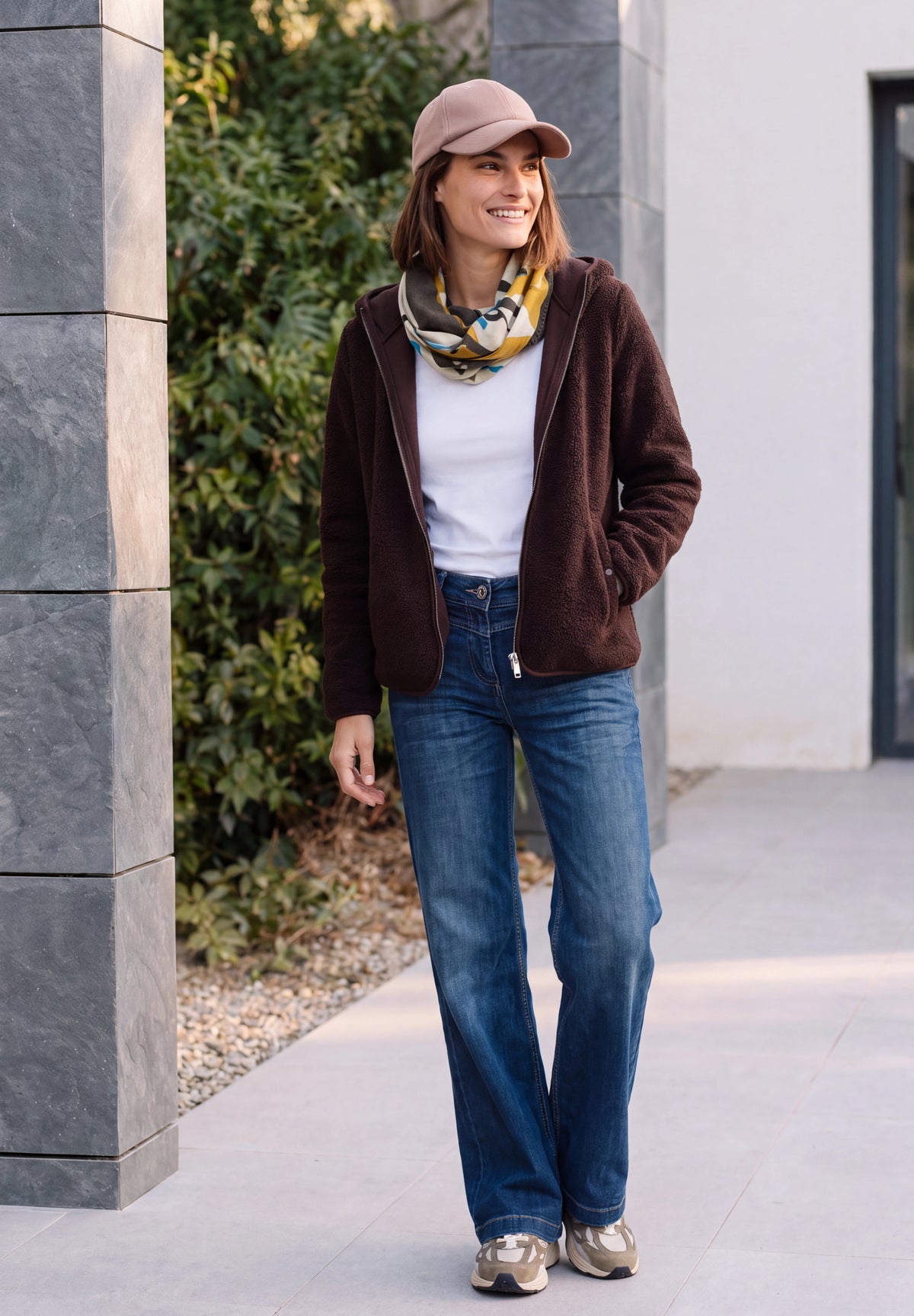 CECIL Damen Loop-Schal mit Wording und Argyle-Muster - Beige meliert Coffee beige melange